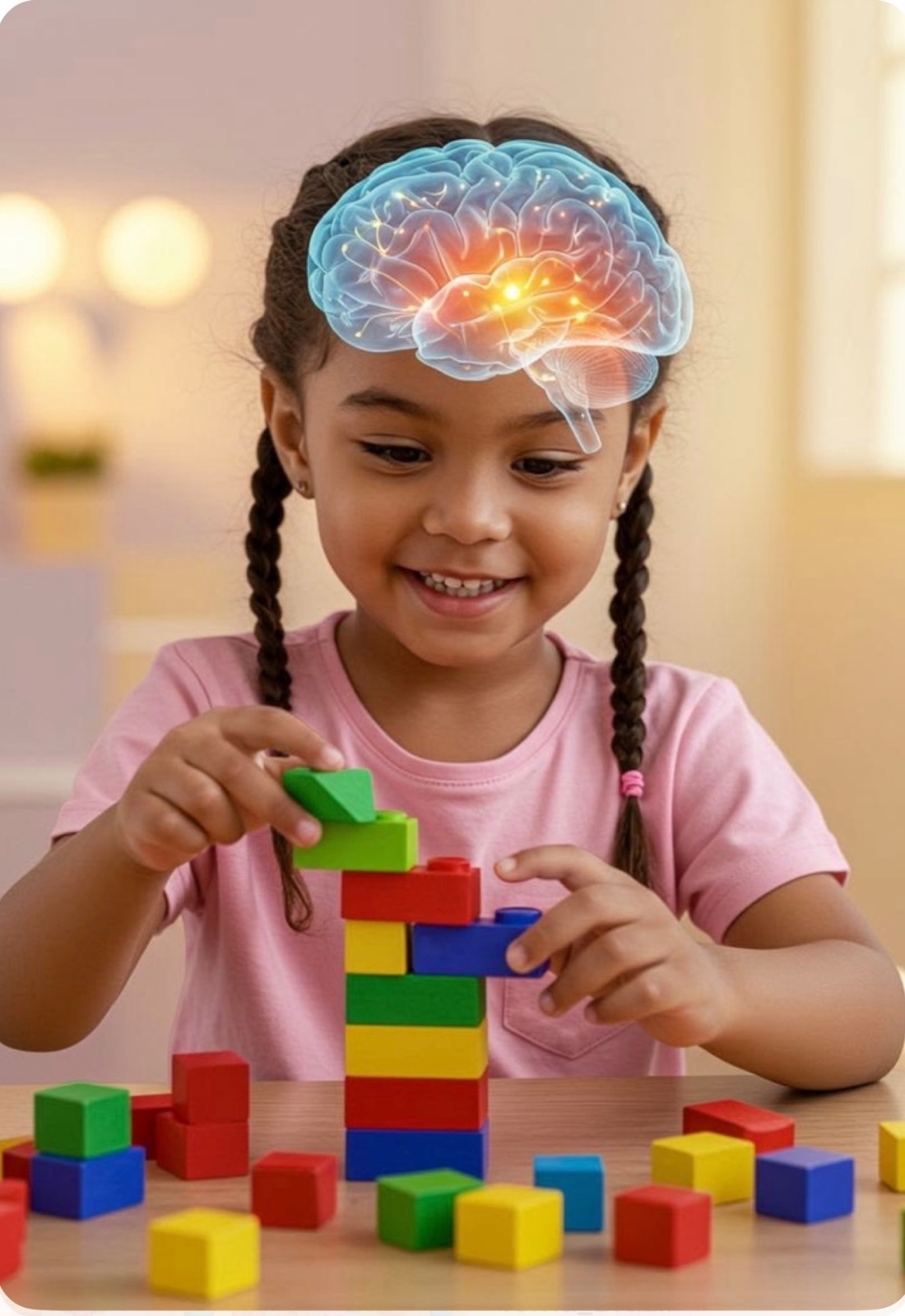 Criança desenvolvendo funções cognitivas com blocos